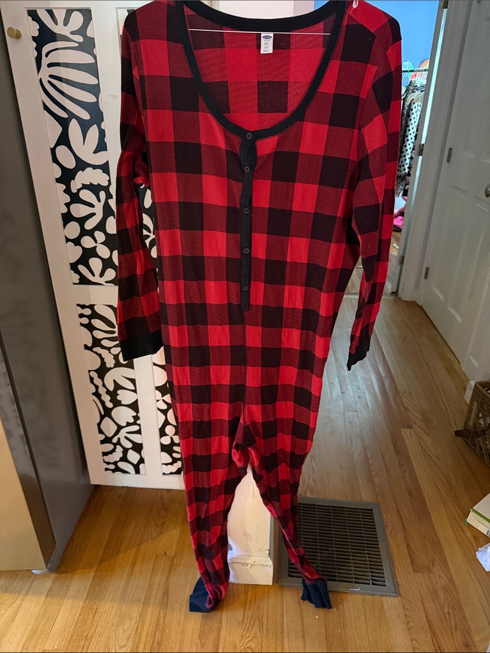 Womens Buffalo Plaid waffle knit One-Piece Pajamas
